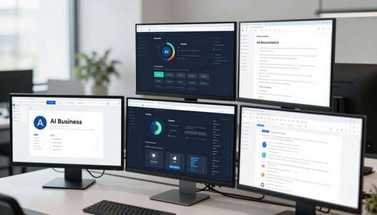Various AI business tools displayed on computer screens showing productivity dashboards and content creation interfaces