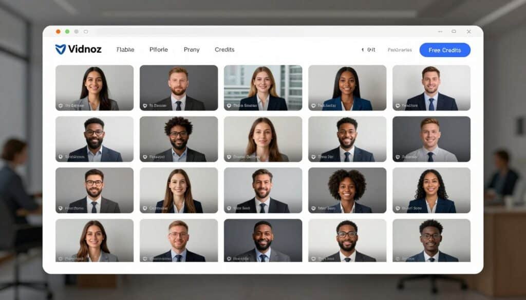 Vidnoz AI platform showing extensive avatar library and free daily credits Vidnoz AI platform showing extensive avatar library and free daily credits