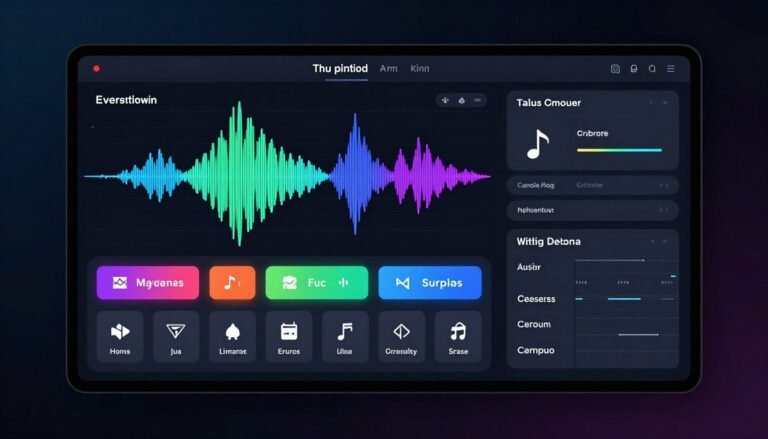 AI music generator dashboard showing waveforms and genre selection interface