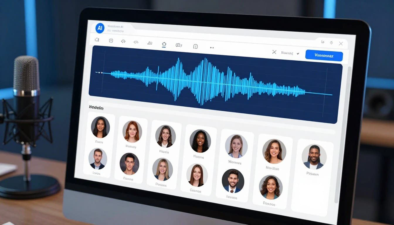AI voice generator interface showing waveform and voice selection options