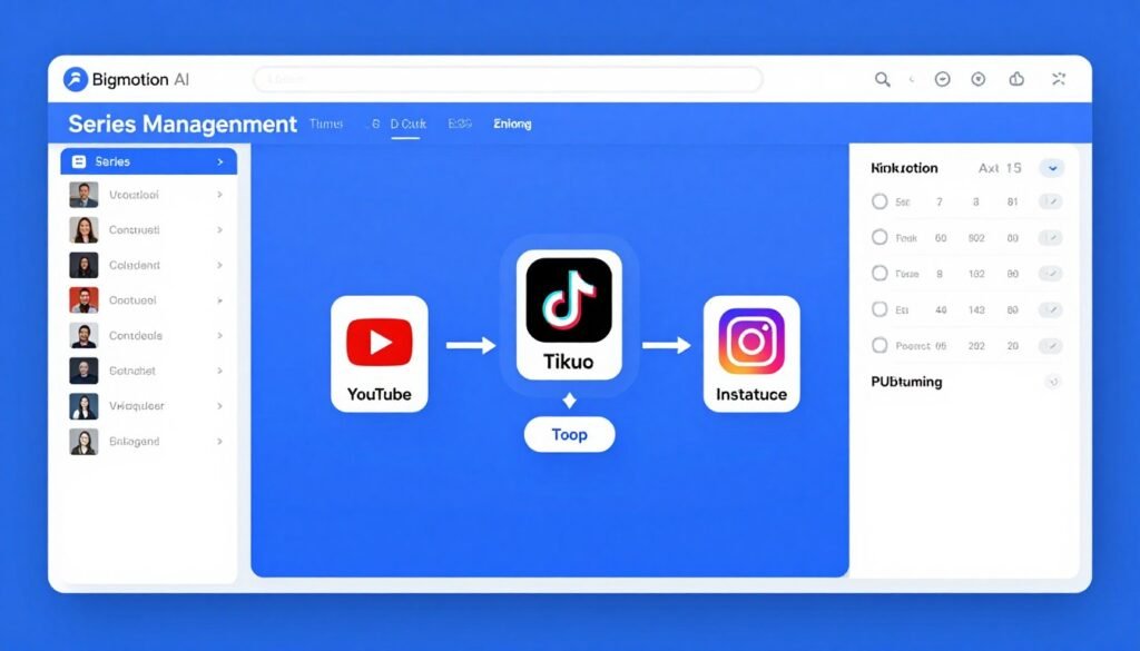 Bigmotion AI dashboard showing multi-platform publishing workflow