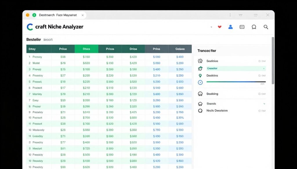 Craft Niche Analyzer dashboard showing Etsy keyword data Craft Niche Analyzer dashboard showing Etsy keyword data
