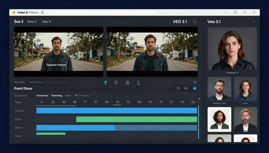 Invideo AI interface showing Sora and VEO video generation in progress