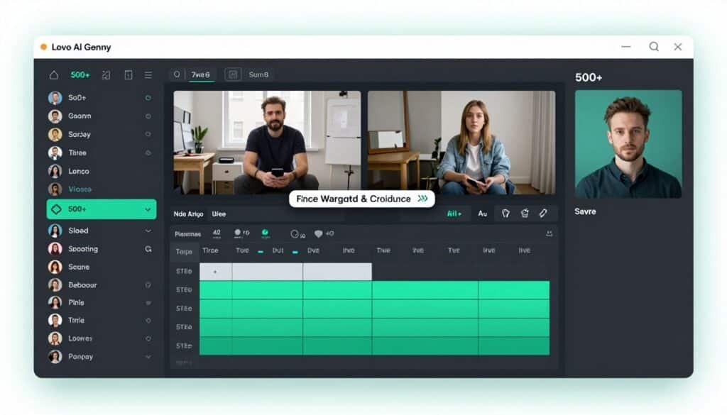 Lovo AI Genny platform showing video editor with voice generation and subtitle tools