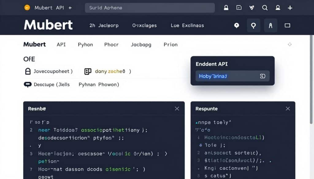 Mubert API documentation showing integration code examples Mubert API documentation showing integration code examples
