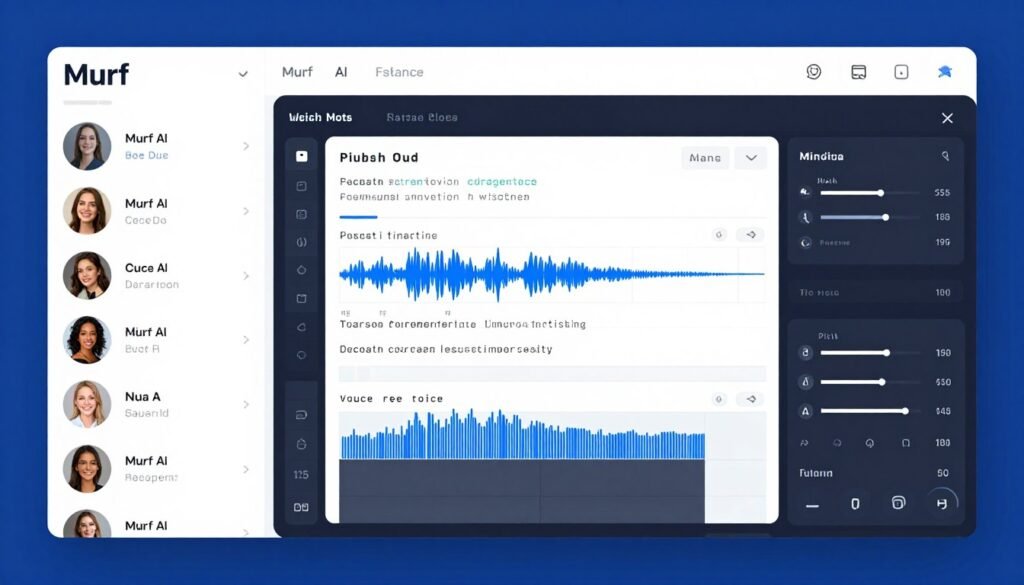 Murf AI voice generator dashboard interface showing voice selection and audio timeline editor