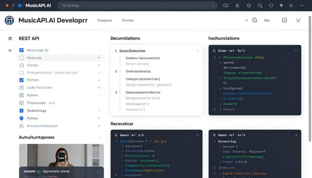 MusicAPI.AI developer documentation showing API integration code MusicAPI.AI developer documentation showing API integration code