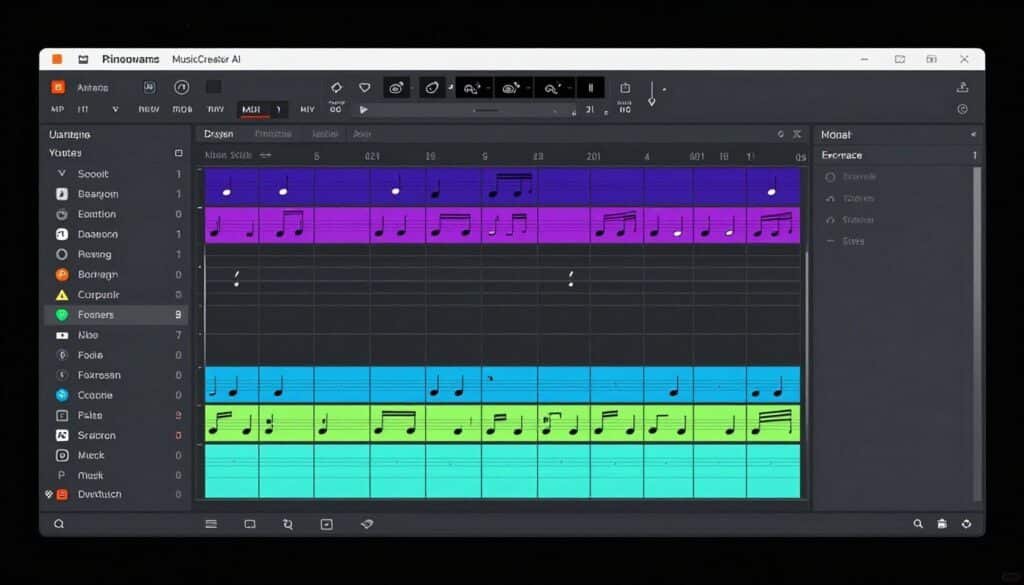 MusicCreator AI MIDI editor interface showing editable music notation MusicCreator AI MIDI editor interface showing editable music notation
