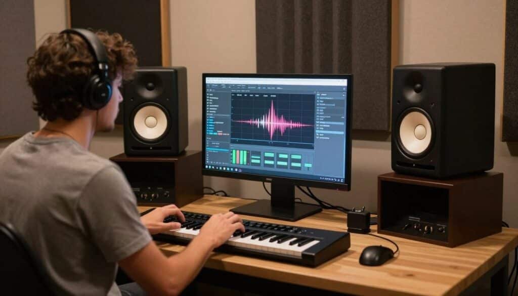 Musician using AI music generator in home studio Musician using AI music generator in home studio