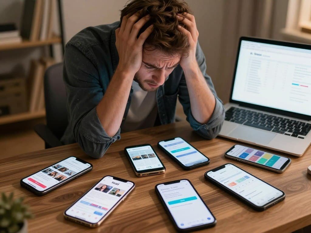 Person overwhelmed by social media management tasks with multiple devices