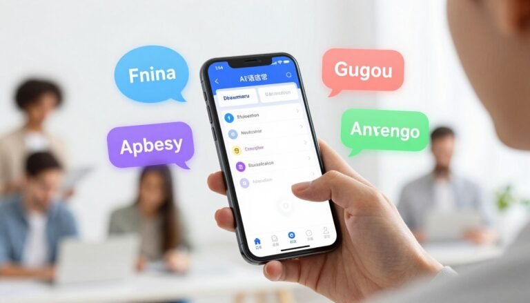 Person using AI language learning app on smartphone with conversational interface