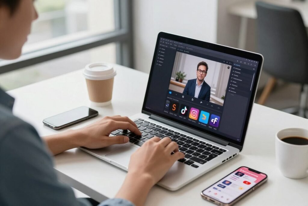 Professional using AI video generator on laptop with multiple social media platforms visible
