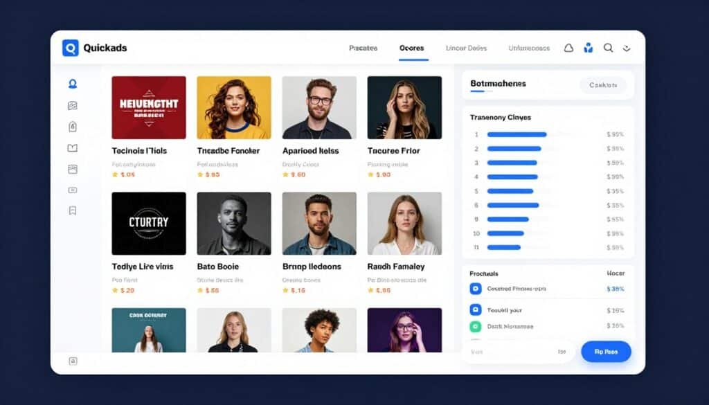 Quickads platform showing ad intelligence library and performance metrics