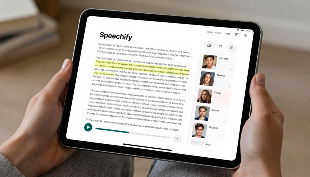 Speechify app interface showing text being read aloud with highlighting and speed controls