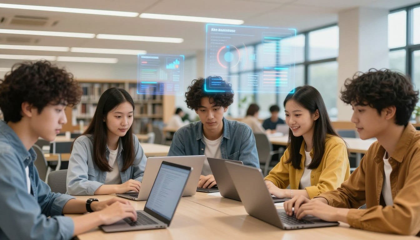 Students using AI tools for research and study on laptops in modern library setting