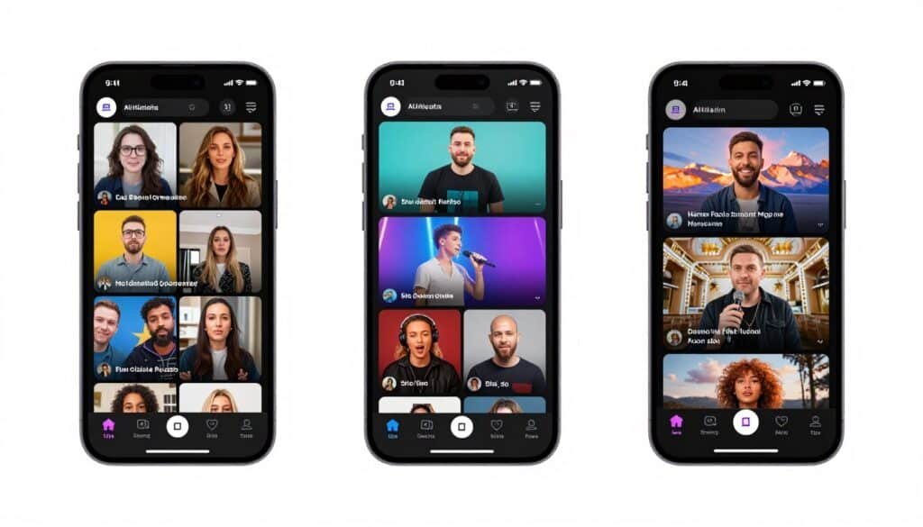 Three smartphone screens showing example videos from top AI generators