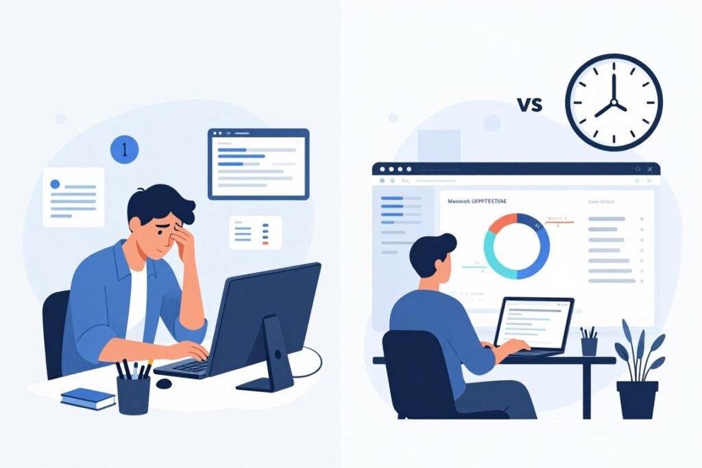 before and after comparison showing manual TikTok workflow versus automated workflow with time savings