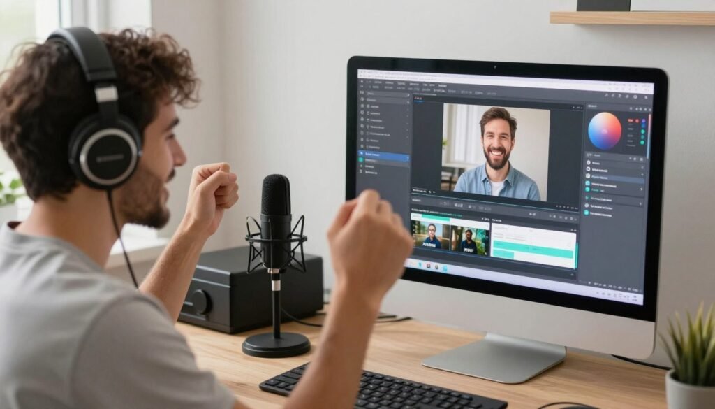 content creator celebrating successful video creation with AI voice generator