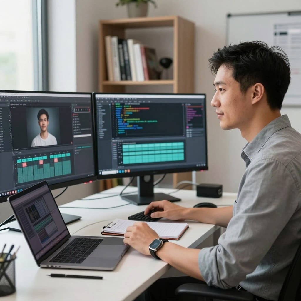 professional AI engineer working at computer with multiple screens showing voice generation software