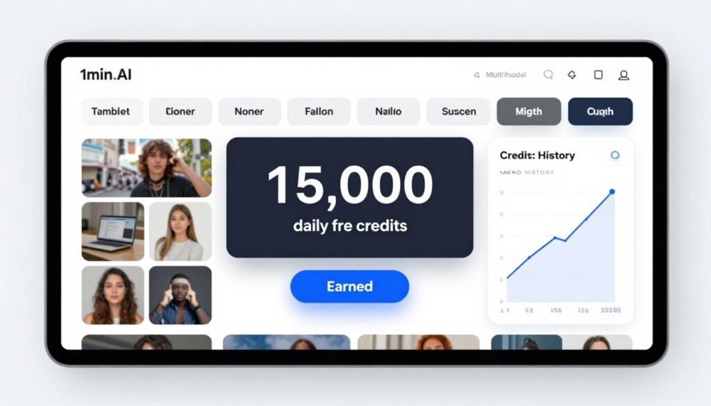 1min.AI dashboard showing free daily credits system