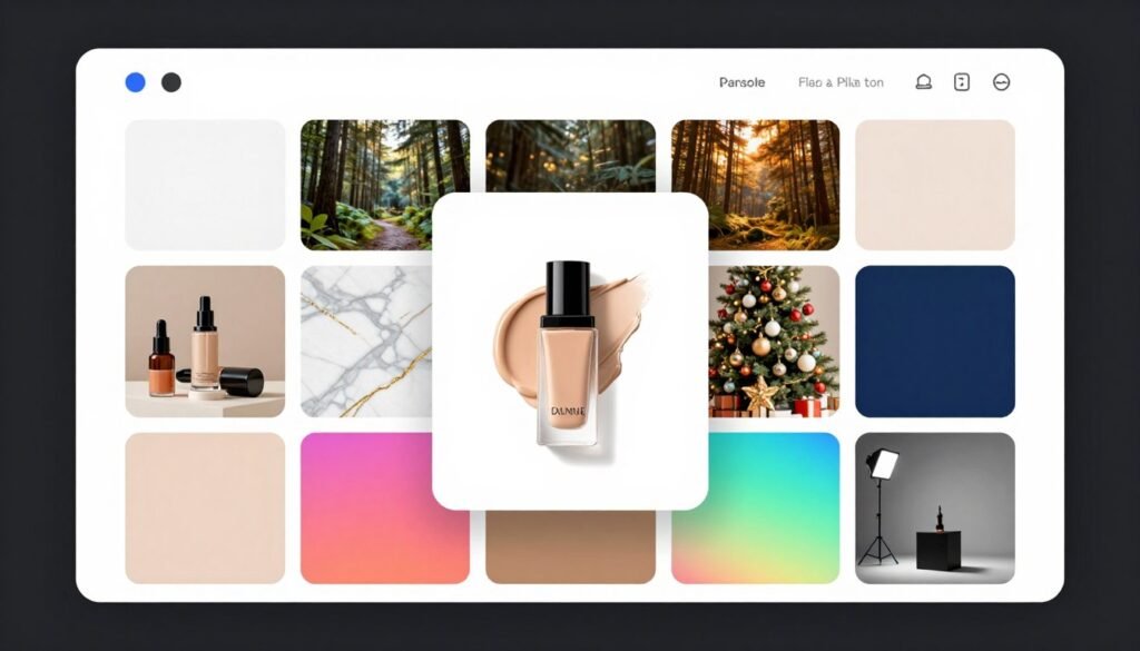 AI product photo generator interface showing multiple background style options for a single product AI product photo generator interface showing multiple background style options for a single product