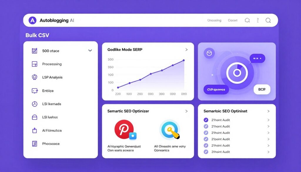 Autoblogging AI bulk generation interface showing CSV upload and Pinterest infographic creation