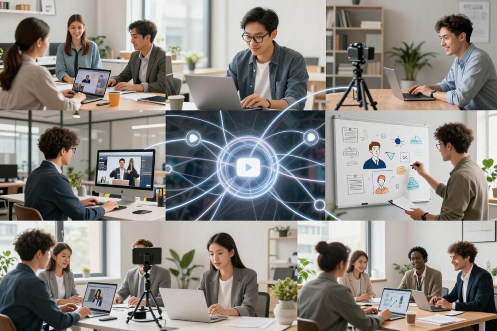 Diverse professionals using AI creative tools