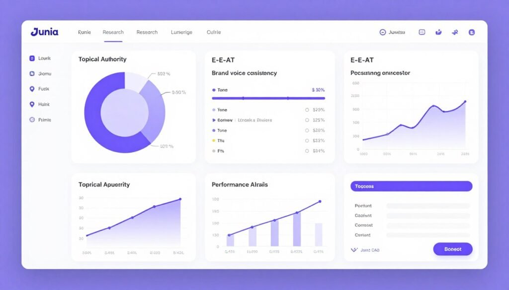 Junia AI content suite interface showing keyword clustering and brand voice consistency tools