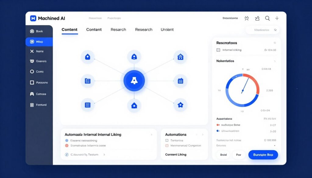 Machined AI dashboard showing automated content cluster generation with internal linking visualization