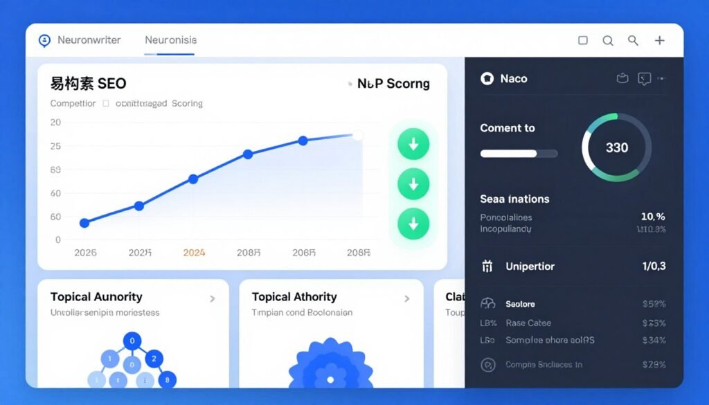 Neuronwriter semantic analysis dashboard showing live content scoring and competitor gap analysis