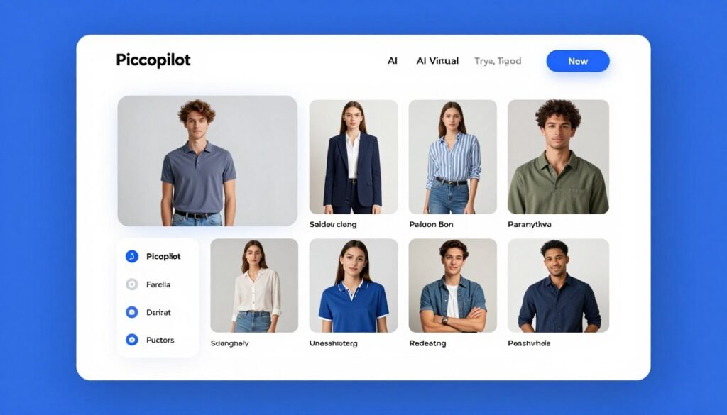 Piccopilot AI product photo generator interface showing virtual try-on and marketing template features Piccopilot AI product photo generator interface showing virtual try-on and marketing template features
