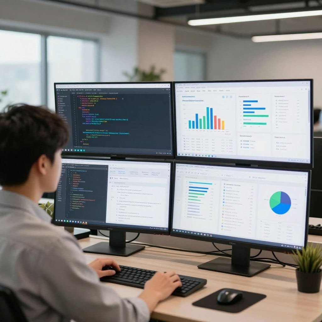 Professional AI engineer reviewing content automation tools on multiple screens