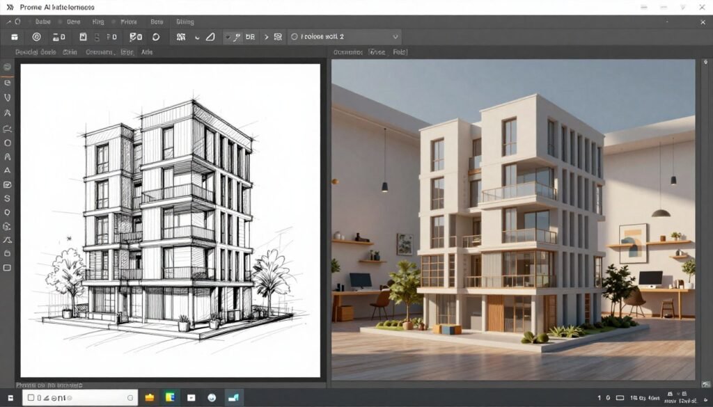 Prome AI showing sketch to photorealistic render transformation