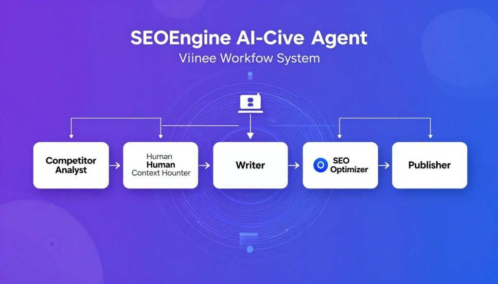 SEOEngine AI agent-based workflow showing five specialized AI agents processing content