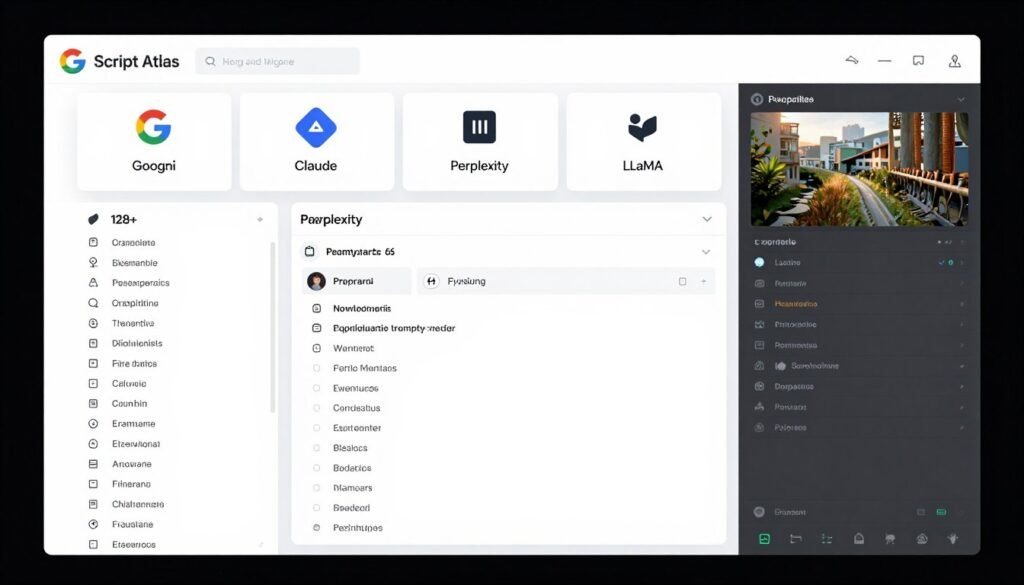 Script Atlas desktop application showing multi-AI engine interface and prompt library