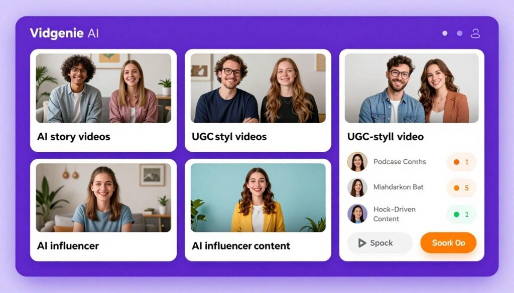 Vidgenie AI platform showing multiple video format creation options
