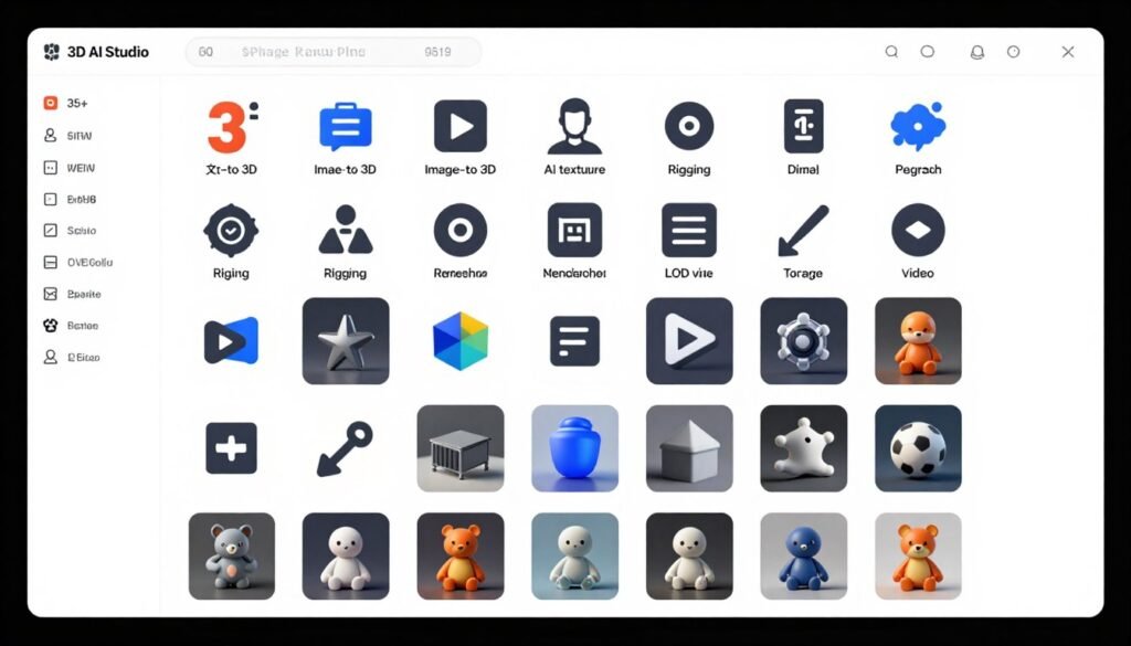 3D AI Studio comprehensive dashboard showing 35+ tools and features