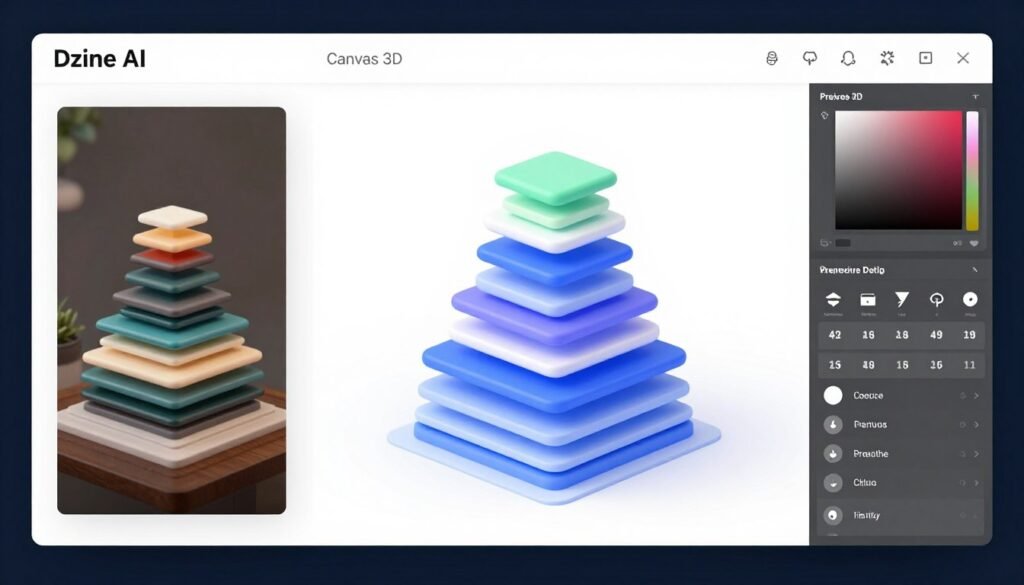 Dzine AI Canvas 3D interface showing precise image-to-3D conversion with editing tools