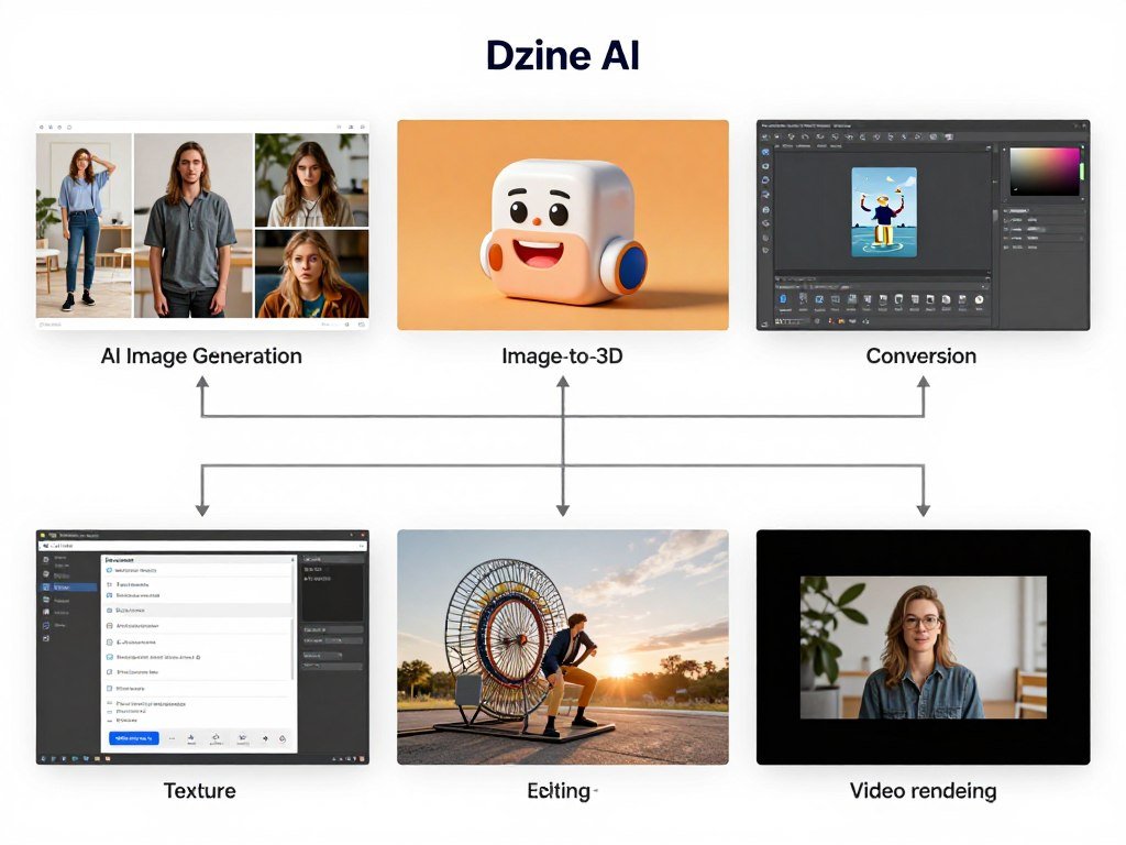 Dzine AI multi-tool workflow showing integration of image generation, 3D conversion, and video tools