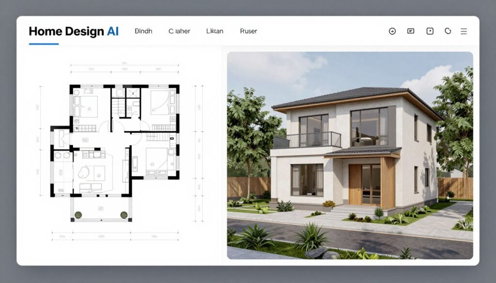 Home Design AI floor plan to 3D conversion showing complete home exterior and interior