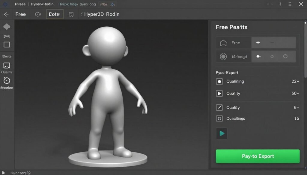 Hyper3D Rodin preview interface showing free model preview before credit spending