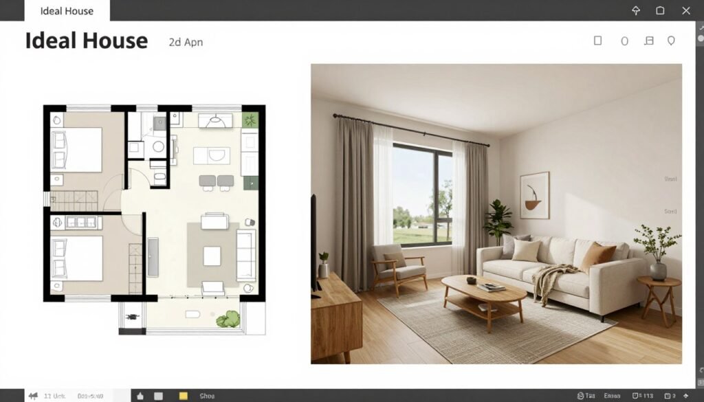 Ideal House interface showing floor plan to 3D conversion and interior design tools