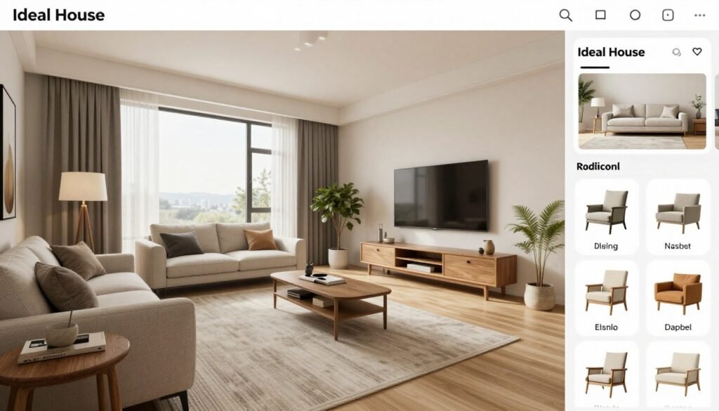 Ideal House room visualizer showing furniture placement and realistic interior rendering