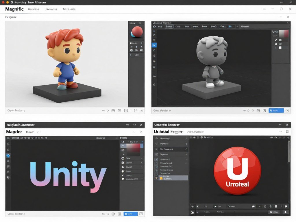 Magnific AI export workflow showing GLB model import into multiple 3D software platforms