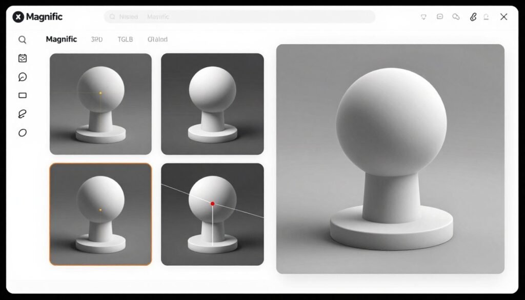Magnific AI multi-view reconstruction showing image-based 3D model generation