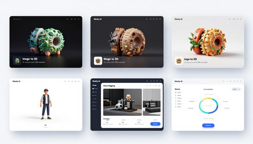 Meshy AI comprehensive feature showcase including text-to-3D, image-to-3D, and AI texturing capabilities