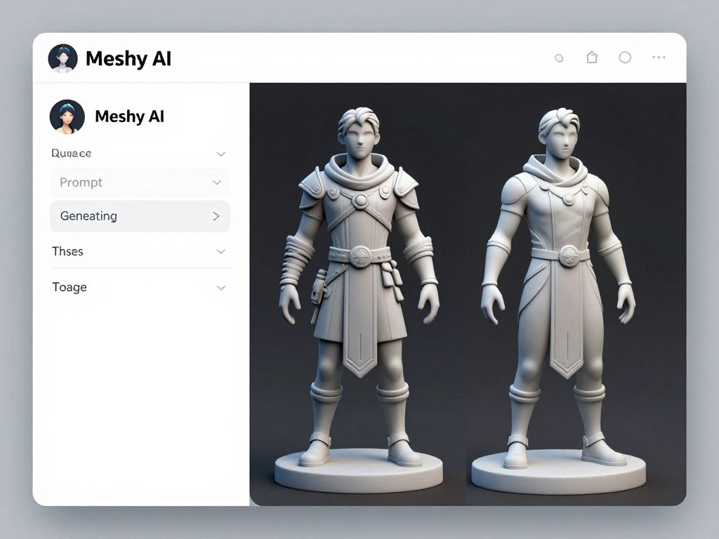 Meshy AI interface showing rapid 3D model generation from text prompt with professional quality output