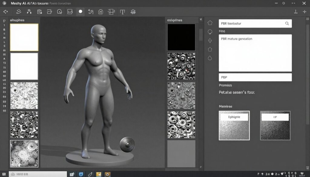 Meshy AI texturing workflow showing PBR material generation and editing interface
