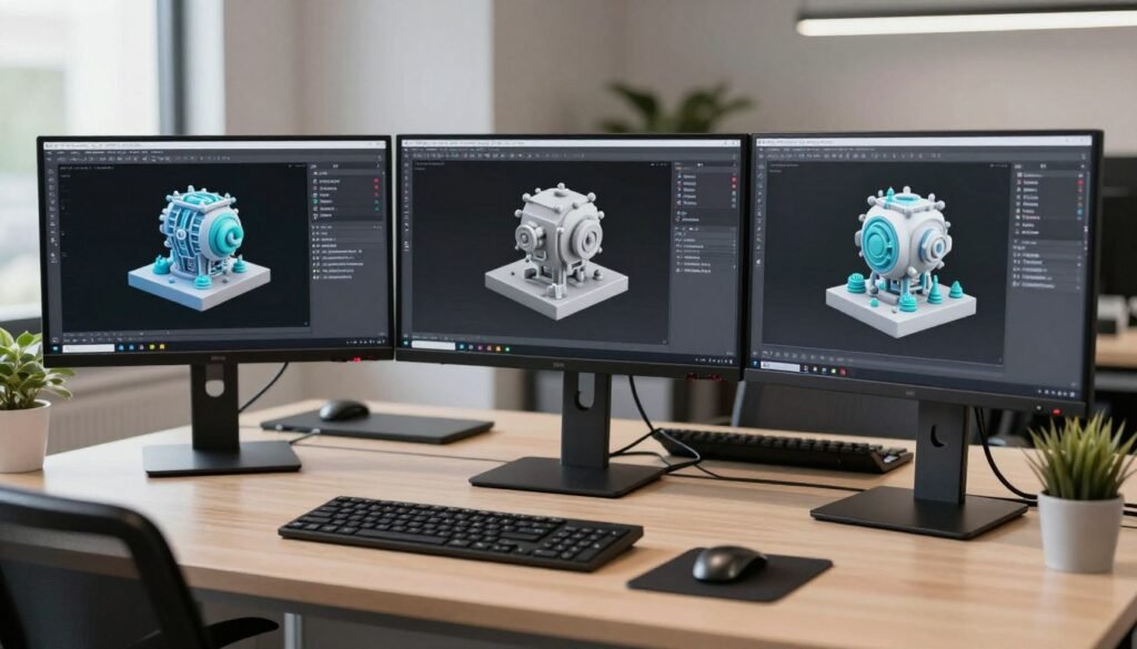 Professional AI engineer workspace showing multiple monitors with 3D modeling software and AI tools