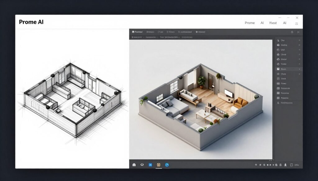 Prome AI interface showing sketch-to-3D and architectural rendering features